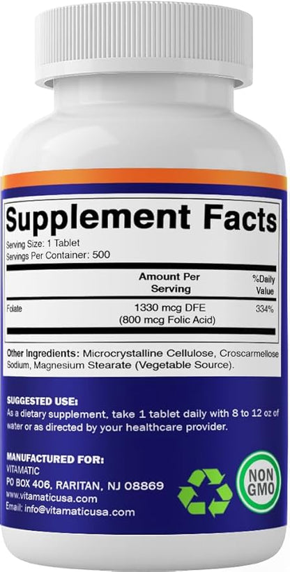 Vitamatic Folic Acid 800 mcg - 500 Vegetarian Tablets - Vitamin B9
