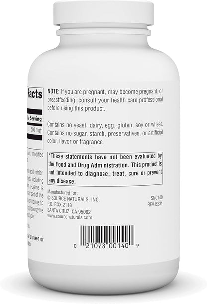 Source Naturals L-Lysine 500 mg Free Form - Amino Acid Supplement Supports Energy Formation & Collagen - 250 Tablets