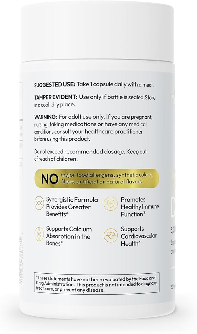 D3 K2 Vitamin 5,000 IU (125 mcg) + MK-7 (180 mcg) Natural Supplement | Bone, Heart, & Immune Support | Enhances Calcium Absorption | Women & Men | Vegan | 60 Servings