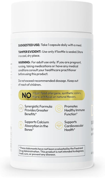 D3 K2 Vitamin 5,000 IU (125 mcg) + MK-7 (180 mcg) Natural Supplement | Bone, Heart, & Immune Support | Enhances Calcium Absorption | Women & Men | Vegan | 60 Servings