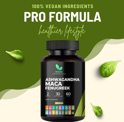 Nutraceuticals Ashwagandha, Maca Root, Fenugreek Supplement with Ginseng – Supports Stress Relief, Mood Balance & Thyroid Health – 60 Capsules