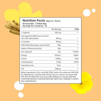 Sheltr Ultra Vitality Effervescent for Stamina, Performance & Strength | with L-Arginine, Ashwagandha, Safed Musli and Zinc | for Men | 15 Tablets, Pack of 1 (Orange Burst)