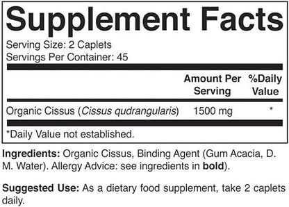 Brieofood Organic Cissus Quadrangularis 1500mg, 45 Servings, Vegetarian, Gluten Free, 90 Vegetarian Tablets