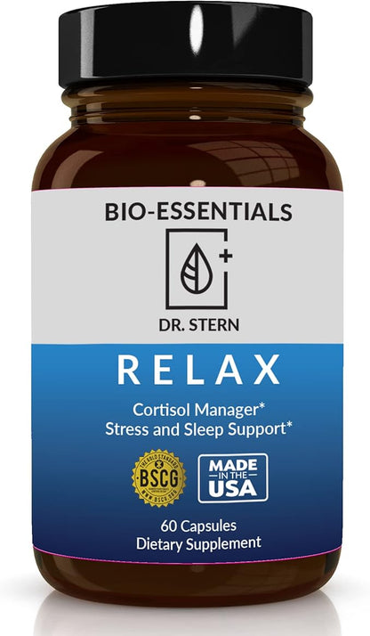 BIO-ESSENTIALS, Relax-Doctor formulated: Manages Stress, Promotes Deep Sleep, Improves Mood-W/Organic Holy Basil, Zinc, Magnesium, Vitamin B6, Magnolia Bark, L-Theanine, Vegan-Made in USA-60 Caps
