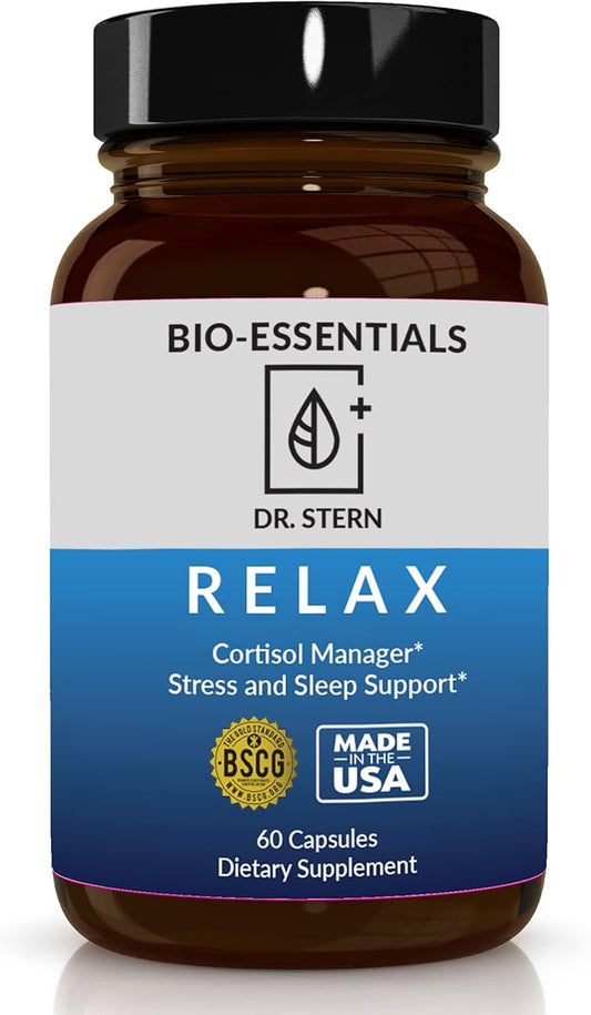 BIO-ESSENTIALS, Relax-Doctor formulated: Manages Stress, Promotes Deep Sleep, Improves Mood-W/Organic Holy Basil, Zinc, Magnesium, Vitamin B6, Magnolia Bark, L-Theanine, Vegan-Made in USA-60 Caps