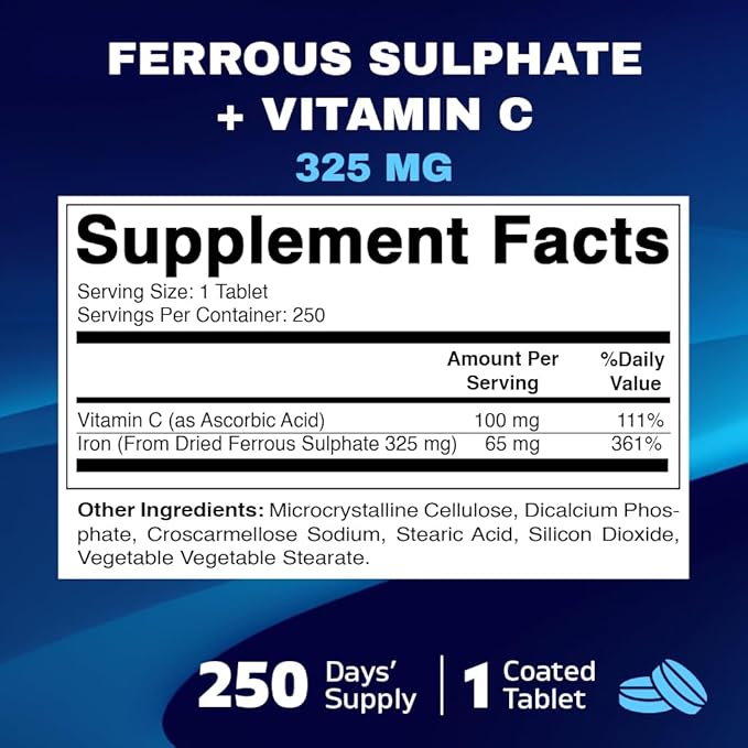 Vitamatic Ferrous Sulfate 325 mg with Vitamin C 100 mg (65 mg Elemental Iron) – High Potency Iron Supplement – No Artificial Colors – 250 Coated Tablets, Made in USA