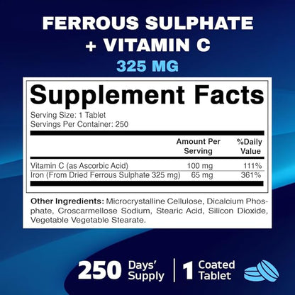 Vitamatic Ferrous Sulfate 325 mg with Vitamin C 100 mg (65 mg Elemental Iron) – High Potency Iron Supplement – No Artificial Colors – 250 Coated Tablets, Made in USA