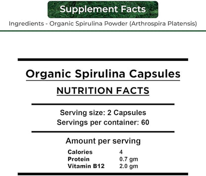 USDA Organic Spirulina Capsules - 100% Pure Vegan Supplement, Non-GMO, Gluten-Free, Chemical-Free, (240)
