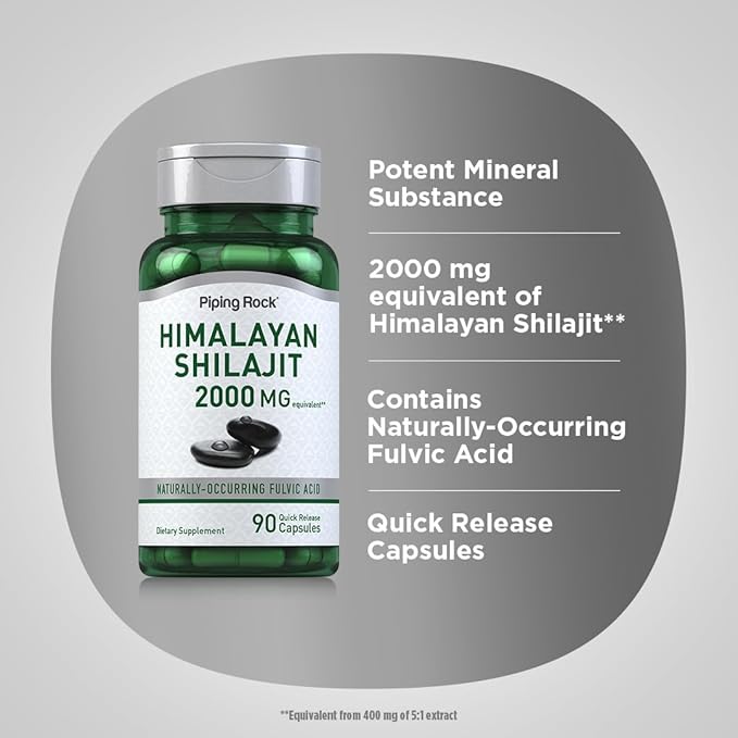 Piping Rock Shilajit Capsules | 2000mg | 90 Count | Himalayan Fulvic Acid | Non-GMO, Gluten Free Supplement