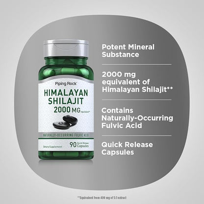 Piping Rock Shilajit Capsules | 2000mg | 90 Count | Himalayan Fulvic Acid | Non-GMO, Gluten Free Supplement