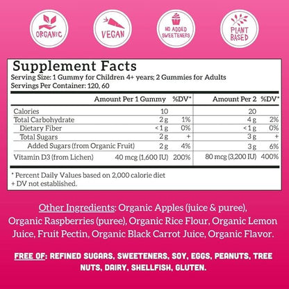 Llama Naturals Vitamin D3, Vegan, Organic Immune Support Supplement, Vitamin D Gummies for Adults and Kids, Real Fruit Gummy Vitamins, Promotes Bone Health, No Added Sugar Cane, Raspberry, 120 Ct