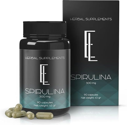 Spirulina Capsules - 90 x 500 mg, High-Potency Plant-Based Superfood, Supplements, Non-GMO Vegetable Cellulose Vegan Friendly Capsules
