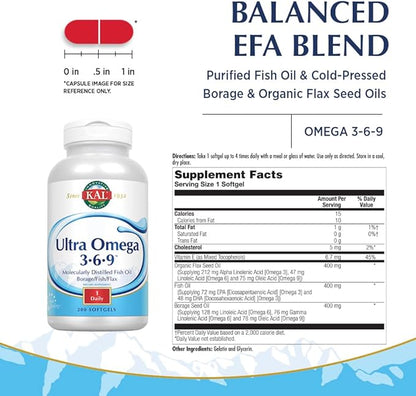 KAL Ultra Omega 3-6-9 1200mg | Fish Oil w/Cold Pressed Flaxseed & Borage Oil | Skin, Hair, Heart, Memory | 200 Softgels