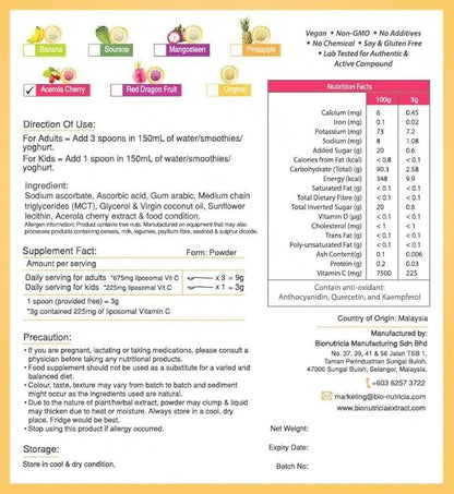 Bionutricia Liposomal Vitamin C with Acerola Cherry Extract Powder (Water Soluble) Immune & Collagen Support, Two-Stage for High Absorption & Antioxidant, No Sugar & Non GMO 5.29Ounce