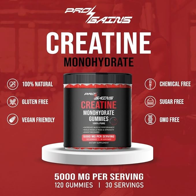Creatine Monohydrate Gummies - 120 Gummies / 30 Servings | Strawberry Flavor | for Muscle Mass & Strength | 100% Pure - Zero Sugar
