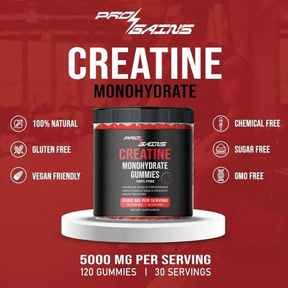 Creatine Monohydrate Gummies - 120 Gummies / 30 Servings | Strawberry Flavor | for Muscle Mass & Strength | 100% Pure - Zero Sugar
