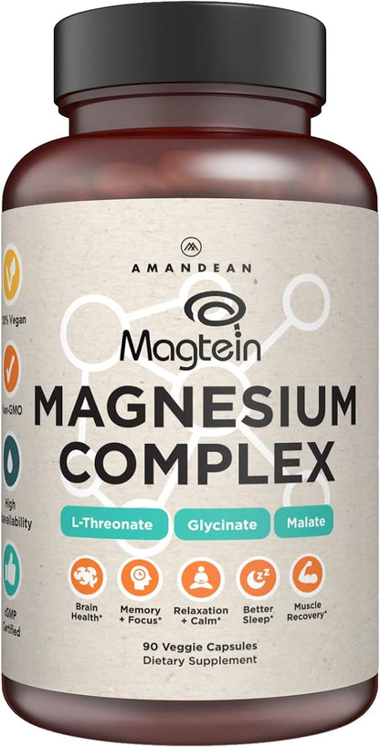 AMANDEAN Magtein Magnesium Complex. L-Threonate, Glycinate, Malate Triple Blend Chelated Magnesium Supplement. 90 Veggie Capsules. High Absorption Branded Ingredients. Brain Health, Sleep, Calm*.