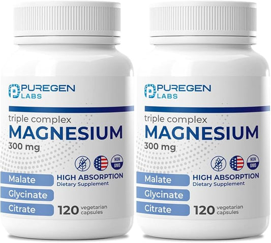 Puregen Labs Triple Magnesium Complex 300mg of Magnesium Glycinate, Malate, & Citrate [High Absorption] Total 240 Veg Capsules | No Harmful Additives | Non-GMO, NO Gluten and Dairy | Made in USA