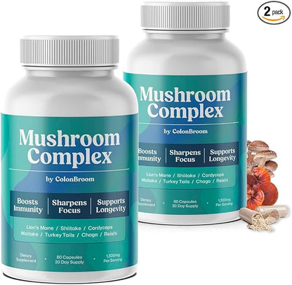 ColonBroom Mushroom Complex, Powerful Mushroom Blend with Cordyceps, Reishi, Shiitake, Lion’s Mane Extract for Energy, Immunity, Stress Relief & Cognitive Health - 2 x 60 Capsules, 60 Day Supply