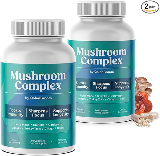 ColonBroom Mushroom Complex, Powerful Mushroom Blend with Cordyceps, Reishi, Shiitake, Lion’s Mane Extract for Energy, Immunity, Stress Relief & Cognitive Health - 2 x 60 Capsules, 60 Day Supply