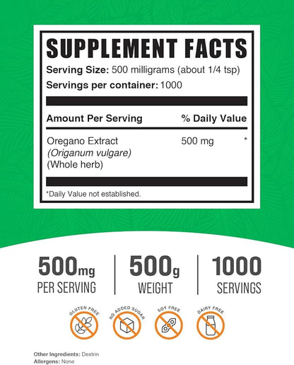 BulkSupplements.com Oregano Extract Powder - Oregano Supplement, Herbal Extract Supplement, from Oregano Herb - Gluten Free, 500mg per Serving, 500g (1.1 lbs) (Pack of 1)