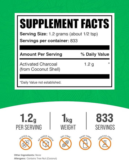 BulkSupplements.com Activated Charcoal Powder - from Coconut Charcoal, for Teeth Whitening - Vegan & Gluten Free, 1.2g per Serving, 1kg (2.2 lbs) (Pack of 1)