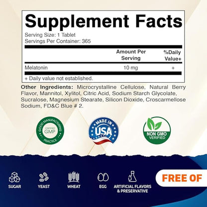 Vitamatic Melatonin 10 mg Tablets | Vegetarian, Non-GMO, Gluten-Free | 1-Year Supply | Natural Berry Flavor - 365 Tablets
