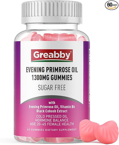 Evening Primrose Oil Gummies 1300mg with Black Cohosh & Vitamin B6, Sugar-Free, PMS Relief Supplements for Women 20-45, Chewable PMS Gummies, Strawberry Flavor, Vegan, Pectin, 60 Count
