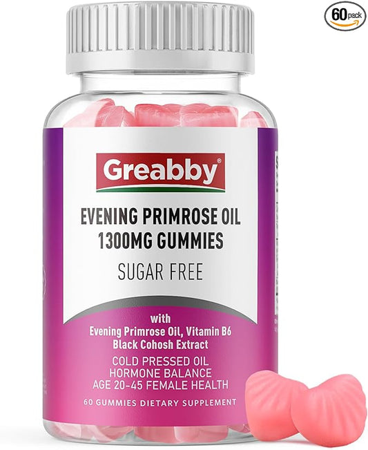 Evening Primrose Oil Gummies 1300mg with Black Cohosh & Vitamin B6, Sugar-Free, PMS Relief Supplements for Women 20-45, Chewable PMS Gummies, Strawberry Flavor, Vegan, Pectin, 60 Count
