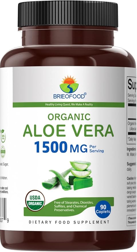 Brieofood Organic Aloe Vera 1500mg, 45 Servings, Vegetarian, Gluten Free, 90 Vegetarian Tablets
