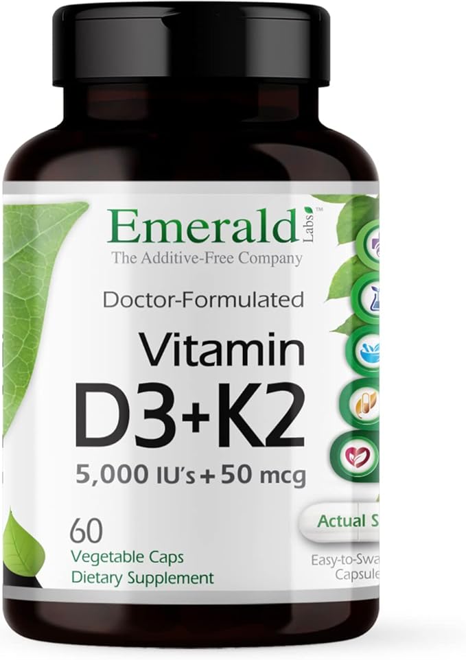 EMERALD LABS Vitamin D3+K2 - Vitamin D & VitalDelta MK-7 for Bone Health & Heart Support* - Vegetarian, Gluten-Free, Clinical Potency - 60 Vegetable Capsules