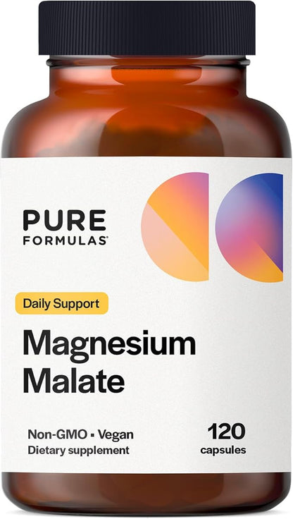 PureFormulas Magnesium Malate Capsules - Chelated Magnesium as Di-Magnesium Malate - Highly Bioavailable Form to Support Energy, Bone Health + Muscle Recovery, malato de magnesio 360 mg - 120 Capsules