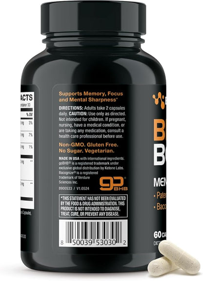 Brain Booster Supplement for Focus - Clinically Validated Nootropics Brain Support Supplement with Bacopa Monnieri Extract & Patented goBHB for Cognitive Support - 3rd Party Tested (30 Servings)