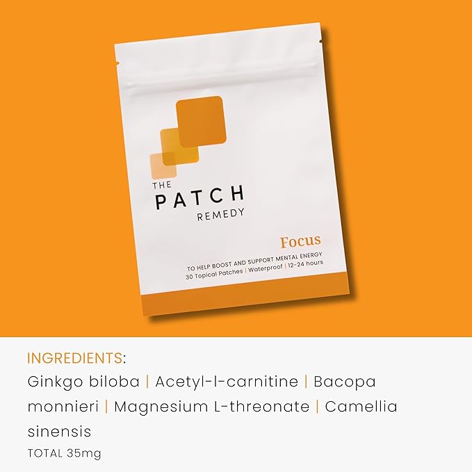 Focus Patches - Topical Focusing Patch Plus Ginkgo Biloba, Acetyl-l-Carnitine, Bacopa Monnieri, Magnesium L-Threonate, & Camellia Sinensis, 30 Transdermal Patches for Adults & Kids