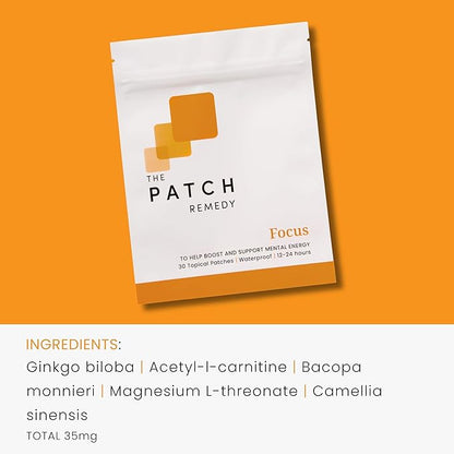 Focus Patches - Topical Focusing Patch Plus Ginkgo Biloba, Acetyl-l-Carnitine, Bacopa Monnieri, Magnesium L-Threonate, & Camellia Sinensis, 30 Transdermal Patches for Adults & Kids
