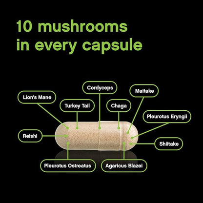 Mushroom Complex Supplement | 60 Organic Capsules | 10-in-1 Blend | with Lion’s Mane, Chaga, Turkey Tail, Cordyceps, Maitake, Shiitake, Reishi, & More | Grown in a Certified US Facility
