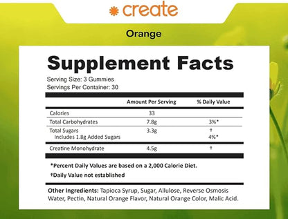 Create Creatine Monohydrate Gummies for Men & Women, Boost Focus, Strength, and Endurance, Anti-Melting Formula, Vegan, Gluten-Free, Non-GMO, 1.5g of Creatine per Gummy (Orange, 90 ct)