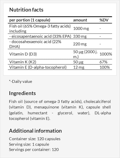 APOLLO'S HEGEMONY Diamond Fish Oil 1000mg per Capsule with Vitamins D3, K2 and E - 120 Capsules - High Dose Omega 3 with 330mg EPA and 220mg DHA - Fish Oil Fatty Acids (EFAs)
