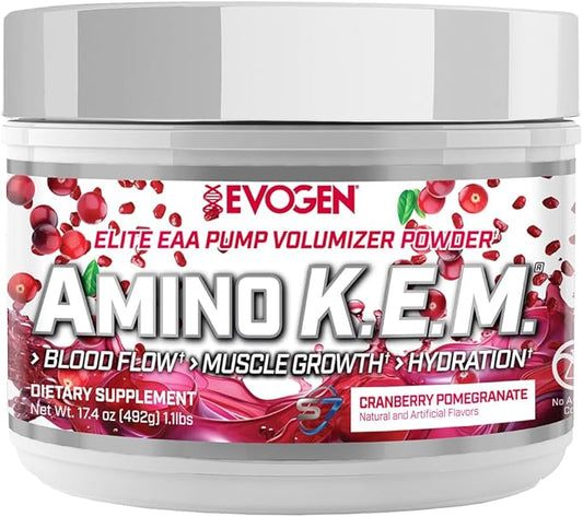 Evogen Amino K.E.M. - EAA & BCAA Powder Pump Volumizer | BCAAs Amino Acids Supplement for Blood Flow, Muscle Growth, & Hydration | Cranberry Pomegranate | 30 Servings