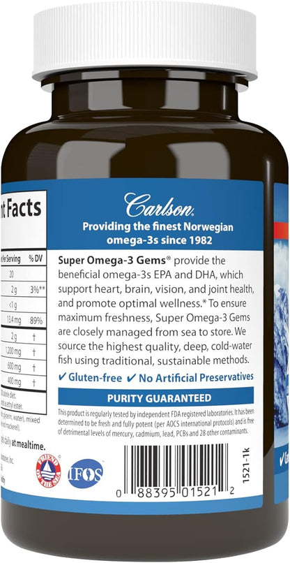Carlson Super Omega-3 Gems, Norwegian, 1,200 mg Omega-3s, 100 Soft Gels