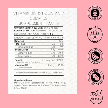 SOHM Folic Acid 300mcg -Vitamin B12 Gummies, 60 Count, Improve Red Blood Cells,Supports Healthy Immune Health, Essential Prenatal & Pregnancy Gummy for Women, Moms & Baby to Be - Folic Acid Gummies