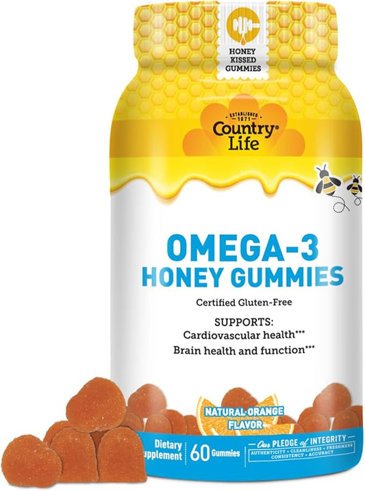 Country Life Omega-3 Honey Gummies - Non-GMO - Certified Gluten Free - to Support Cardiovascular Health, Brain Health and Function***