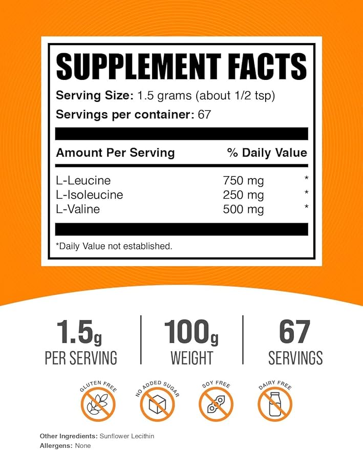 BulkSupplements.com BCAA 3:1:2 Powder - Branched Chain Amino Acids, BCAA Supplements, BCAA Powder - BCAAs Amino Acids Powder, Unflavored, 1500mg per Serving - 67 Servings, 100g (3.5 oz)