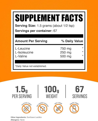 BulkSupplements.com BCAA 3:1:2 Powder - Branched Chain Amino Acids, BCAA Supplements, BCAA Powder - BCAAs Amino Acids Powder, Unflavored, 1500mg per Serving - 67 Servings, 100g (3.5 oz)
