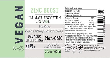 Organic ZINC Boost Mist 40 mg (Extra Strength) - Sugar Free with Vit C and Elderberry Extract - Vegan Liquid Spray for Kids and Adults - Easy Absorption - Non-GMO - (60 ml) 60 Days Supply