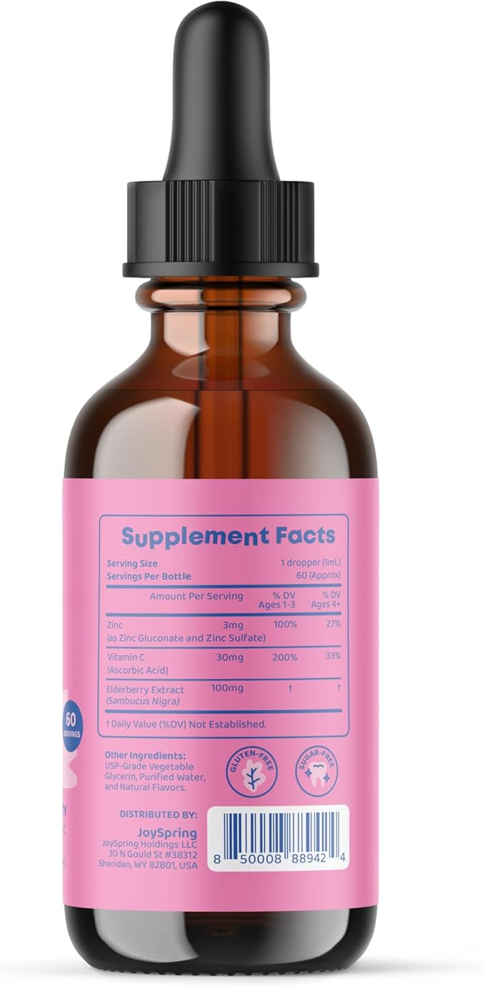 JoySpring Zinc with Vitamin C Liquid Supplement Immune Support for Kids, 1 fl oz