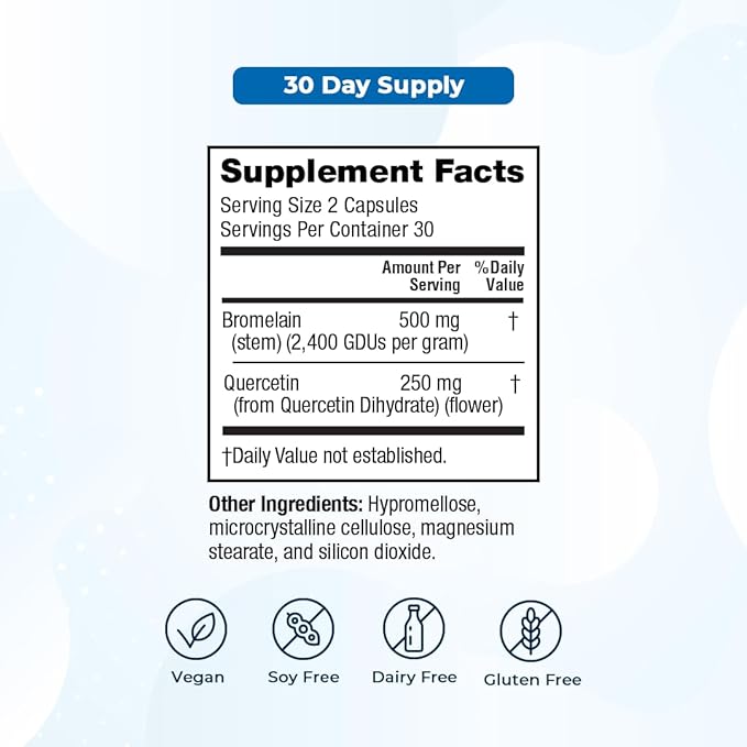 VitaMedica Bromelain & Quercetin Supplement - 500mg Bromelain 250mg Quercetin - 2400 GDU for Immunity, Joint Support, Inflammation and Muscle Recovery - 20 Vegan Capsules - 5 Day Supply