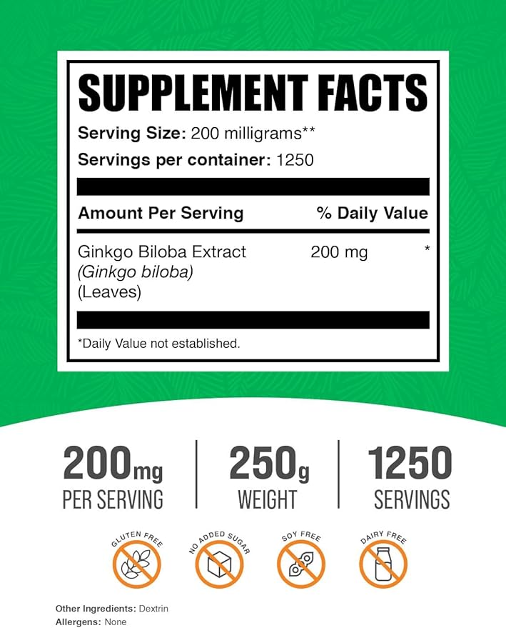 BulkSupplements.com Ginkgo Biloba Extract Powder - Ginkgo Biloba Supplements, Ginkgo Biloba 120mg - Ginkgo Biloba Powder, Ginkgo Leaf Powder - Gluten Free, 120mg per Serving, 250g (8.8 oz)