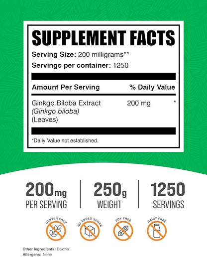 BulkSupplements.com Ginkgo Biloba Extract Powder - Ginkgo Biloba Supplements, Ginkgo Biloba 120mg - Ginkgo Biloba Powder, Ginkgo Leaf Powder - Gluten Free, 120mg per Serving, 250g (8.8 oz)