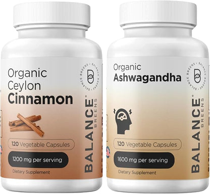 Balance Breens Organic Ceylon Cinnamon 1200mg + Certified Organic Ashwagandha 1600 mg Supplement Combo